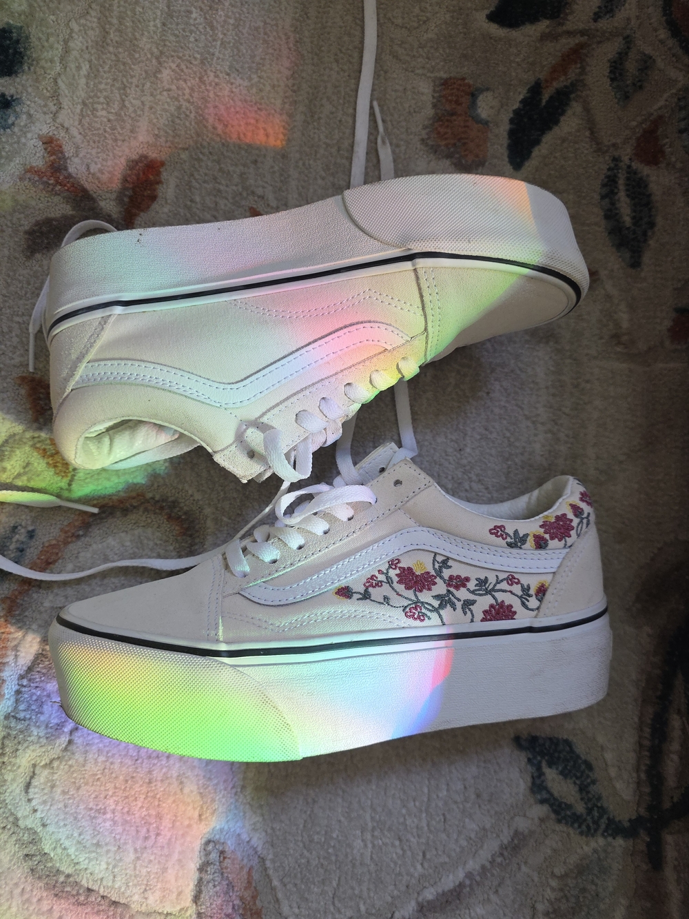Vans White Platform Old Skool Sneakers with Pink Floral Embroidery